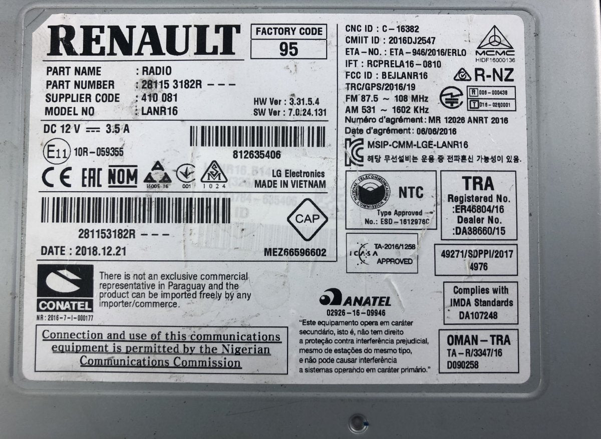 281153320R Radio RENAULT KADJAR (HA, HL) (2015-2022)