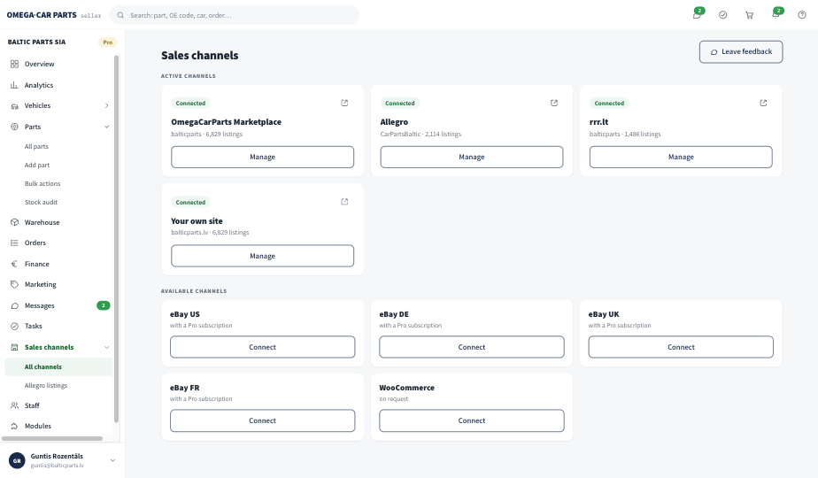 Sales channels screen: your own site, OmegaCarParts, Allegro and rrr.lt with sync status