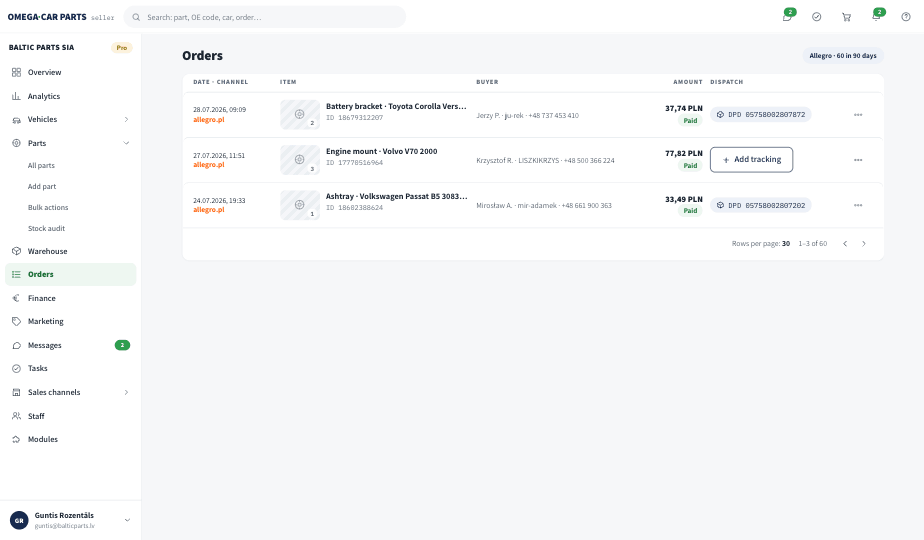 Seller panel orders screen with the dispatch queue
